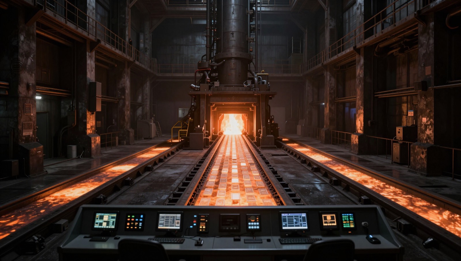 A night forge feeding glowing product cards through an industrial furnace