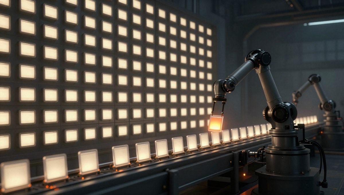 Robotic arms racking illuminated product cards for delivery