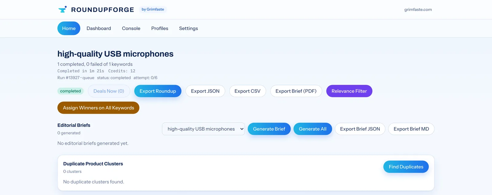 One finished RoundupForge run with its export options for roundups, JSON, CSV and briefs