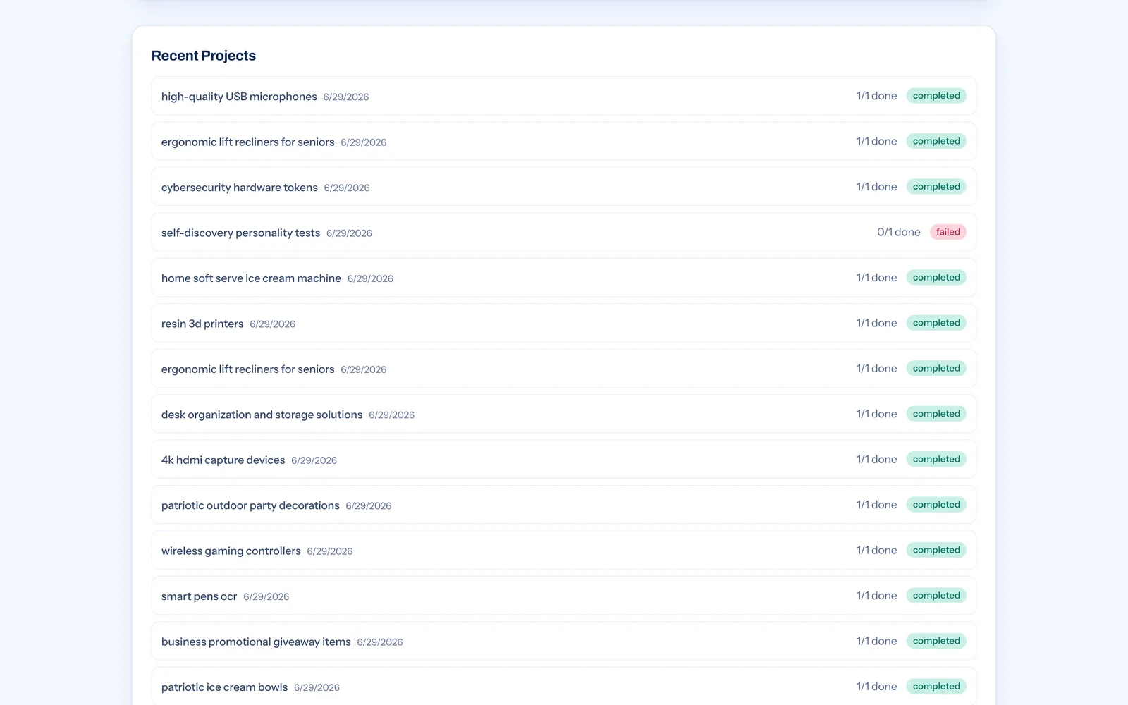 The RoundupForge console: a list of recent keyword projects, each marked completed or failed
