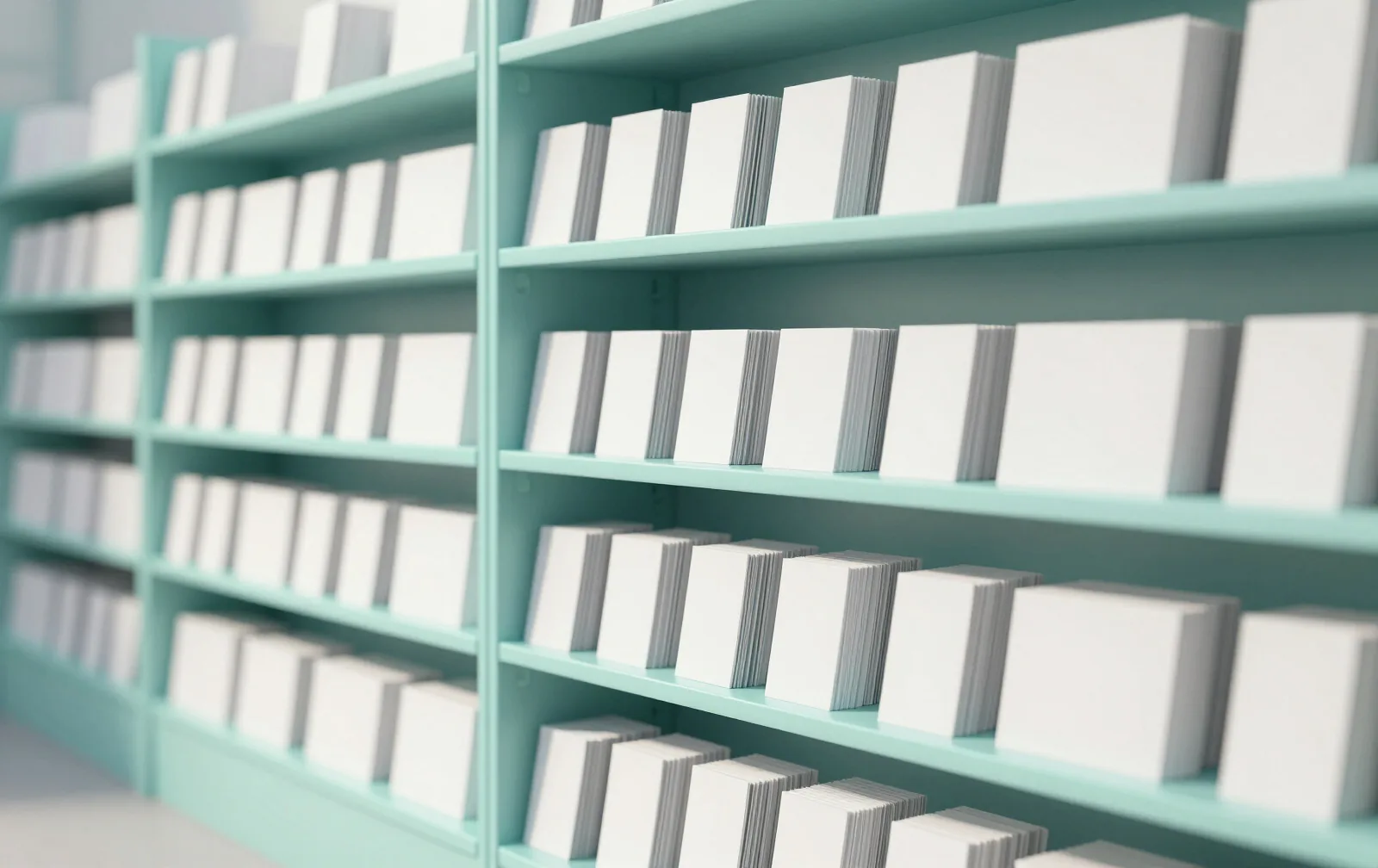 Neat rows of white cards racked into bright shelves